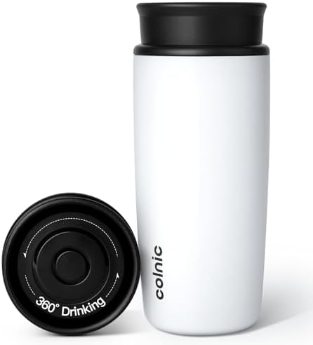 Travel Coffee Mug with 360°Lid, 12 oz Coffee Tumbler Insulated Travel Mugs for Hot and Cold, Vacuum Insulated Stainless Steel Coffee Cup Leak Proof Spill Proof-Matte White
