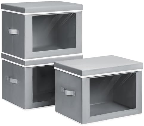 Homsorout Storage Bins with Lids, 3 Pack Large Storage Cubes with Window, Closet Bins with Lids & Handles, Fabric Box for Organizing Clothes, Towels, Books, Grey