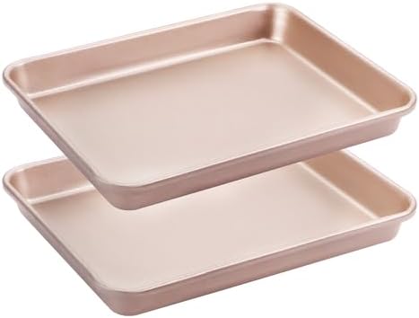 HONGBAKE Toaster Oven Pan Nonstick Set of 2, Premium 1/8 Sheet Pan for Baking, Small Cookie Sheet Tray, Dishwasher Safe and Heavy Duty - Rose Gold