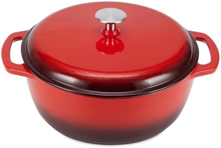Amazon Basics Enameled Cast Iron Dutch Oven Pot with Lid, Round, Dual Handles, Heavy-Duty, Oven Safe for Stews, Roasting, Baking, 7.3-Quart, Red