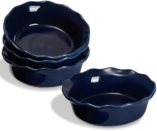 ONEMORE Pie Pans, 6.8 inch Small Chicken Pot Pie Plates 16 oz Deep Dish Pie Pan Ceramic Baking Plates for Dessert Oven Safe Round Baking Dish Pans Set of 4 - Blue