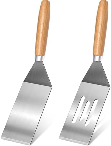 2Pc Stainless Steel Mini Spatula Wooden Handles Cooking Baking Serving
