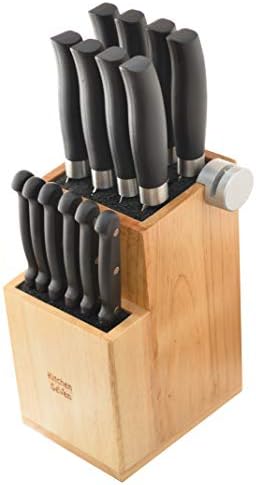 Bamboo Universal Knife Block - Knife Holder with 2 Built-In Knife Sharpeners - 2-Tiered Modern Knife Storage Up to 16 Large and Small Knives Easy Clean Wooden Knife Organizer by Kitchen Seven