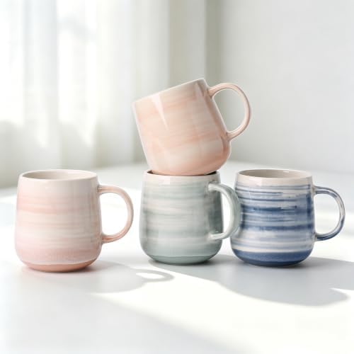 Stoneware Coffee Mugs Set of 4, 12oz Hand-Painted Coffee Cups with Handle