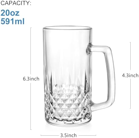 Beer Mugs For Freezer, 20 oz Large Heavy Glass Mugs with Handles Set of 4, Perfect Frozen Beer Mugs for Home Bar Accessories, Gifts for Men