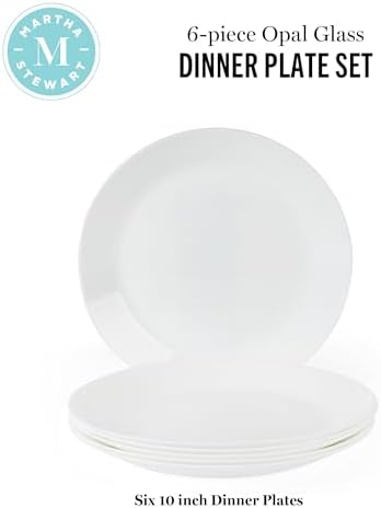 Martha Stewart Opalton Dinner Plates 6-Piece 10-Inch Plate Set – Chip and Break Resistant Opal Glass Plates - White