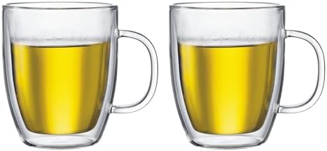 Bodum 15oz Bistro Double Wall Insulated Mug, High-Heat Borosilicate Glass, Set of 2, Clear