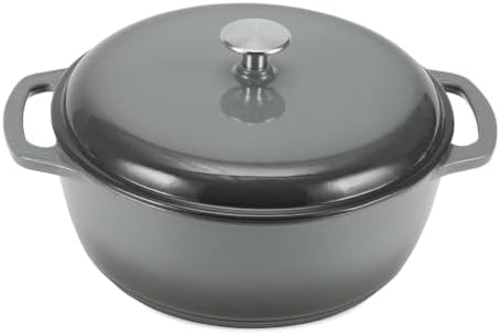 Amazon Basics Enameled Cast Iron Dutch Oven Pot with Lid, Round, Dual Handles, Heavy-Duty, Oven Safe for Stews, Roasting, Baking,6-Quart, Gray