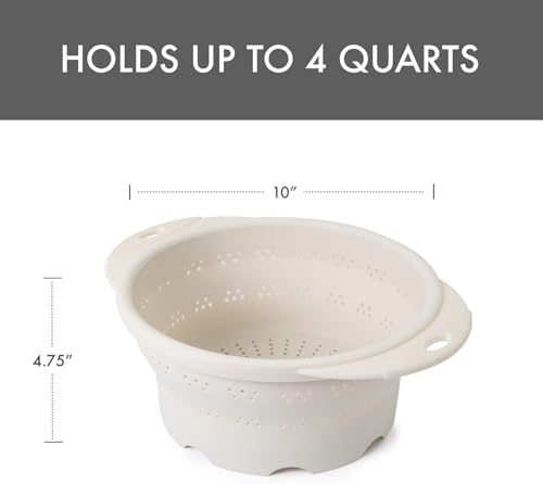 Dexas 10" Collapsible Silicone Colander in Cream, Kitchen Strainer with Handles, 15.1 Cup Capacity | BPA-Free, Heat-Resistant, Space-Saving Kitchen Tool