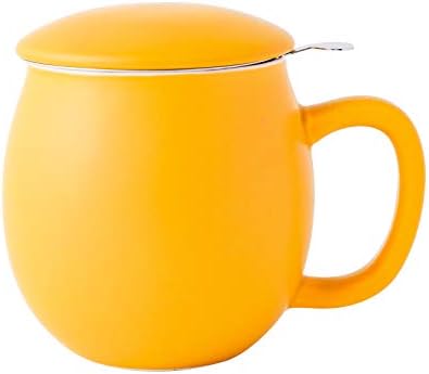 Yundu 12 OZ Matte Yellow Ceramics Teacup with Infuser and Lid, Mug with Lid for Steeping - Stainless Steel Infuser for Loose Leaf Tea, Home Office Gift for Tea Lovers