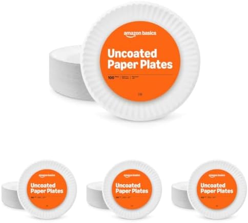 Amazon Basics 9" Uncoated White Paper Plates, Microwave Safe, 100 Count (Pack of 4)