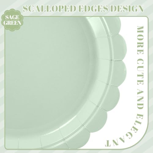 NatNarr 30 Pcs Sage Green Paper Plates 9 Inch Disposable Scalloped Wedding Plates Cute Dessert Cake Plate Party Dinner Plate for Bridal Baby Shower Engagement Reception Birthday (Pack of 3)