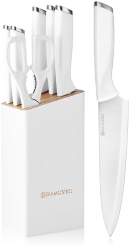 White Knife Set with Wooden Block, 7-Piece Knife Block Set