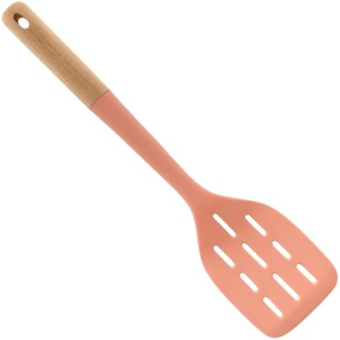 Beille 1pc Slotted Spatula Beech Wood and Silicone Kitchen Utensils Meal Prep Cooking Baking Supplies Home Essentials, Coral