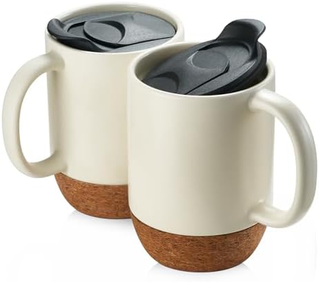 DOWAN Coffee Mugs Set of 2, 15 OZ Ceramic Mug with Cork Bottom and Splash Proof Lid, Large Coffee Cup with Handle for Tea Latte, Beige
