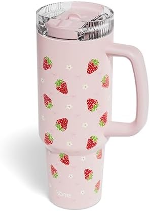 YOME DetaClean 40oz Strawberry Pink Tumbler with Handle and Flip Straw for Women | 100% Disassemblable Lid | Stainless Steel Insulated Water Bottle | 100% Leak Proof | Keeps Drinks Cold