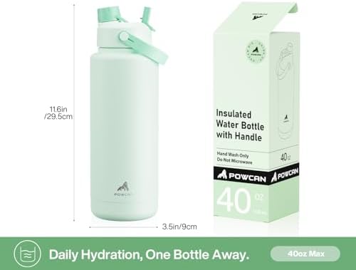 POWCAN 40 oz Insulated Water Bottle with 2-in-1 Straw and Spout Lid, Keep Cold 24H, Leak-Proof, BPA-Free, Double Wall Stainless Steel Water Bottle for Sports, Gym, Travel, and School (Mint)