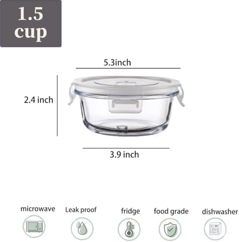 12oz Round Glass Food Containers With Lids, Small Round Glass Meal Prep Containers set,1.5 Cup Small Clear Food Storage Bowls BPA-Free, Microwave, Dishwasher, Freezer Safe（White）