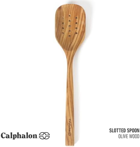 Calphalon Edge Slotted Spoon, 13-Inch Italian Olive Wood Strainer Spoon, Cooking Spoon for Draining, Stirring & Serving, Nonstick-Safe Kitchen Utensil