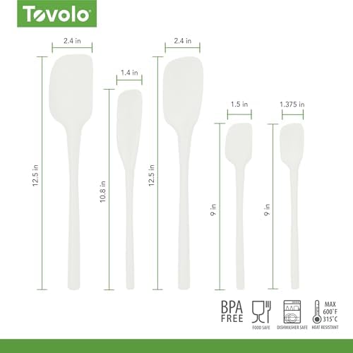 Tovolo Flex Core 5 Piece Silicone Spatula Set Heat Resistant All Silicone Utensils Include Non Stick Spatula Spoonula Jar Scraper, Dishwasher Safe BPA Free Spatulas for Baking Mixing, White