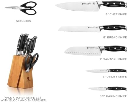 BRODARK 7Pcs Ultra Sharp Kitchen Knife Set, Acacia Wood Block with Scissors