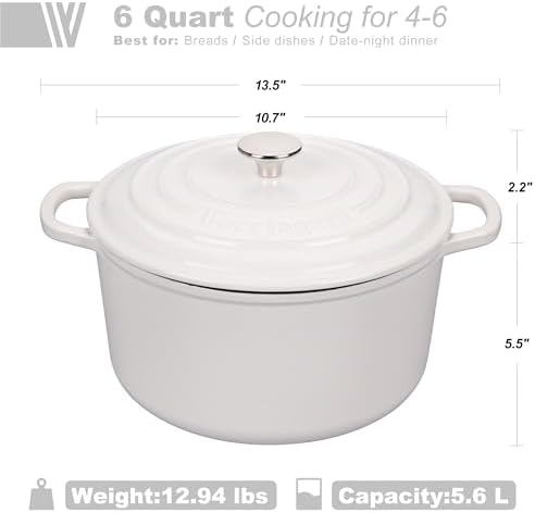 VORRINGARD Enameled Cast Iron Dutch Oven Pot with Lid, for Sourdough Bread Baking, Round Dutch Ovens, 6 Quart, White