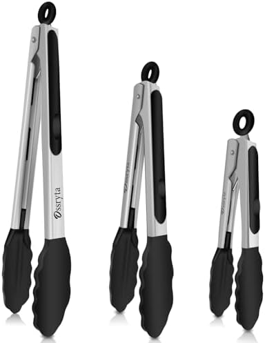 Kitchen Tongs with Silicone Tips - Heat Resistant 600°F Stainless Steel Cooking Tong Set, Non-Stick 7" 9" 12" Locking Silicone Tongs for Cooking, Grilling, Serving & Baking (3-Piece, Black)