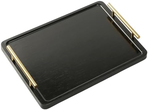 PEKER Wooden Serving Tray with Metal Handles, Black Decorative Coffee Table Tray for Breakfast in Bed, Ottoman & Home Décor, Wooden Food Tray for Kitchen, Living Room & Dining Table