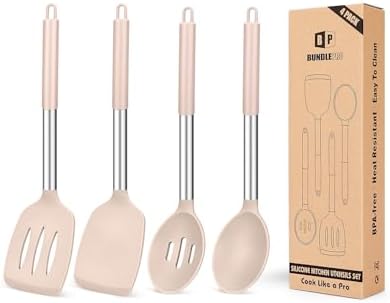 Pack of 4 Silicone Cooking Utensils Set, Non Stick Large Solid Spatulas, Heat Resistant Stainless Steel Khaki Slotted Spoons, Ideal BPA Free Kitchen Turners for Frying, Mixing,Serving,Draining,Turning