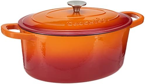Crock Pot Artisan 7-Quart Oval Enameled Cast Iron Dutch Oven – Sunset Orange, Durable Heavy-Duty Cookware for Slow Cooking, Roasting, Baking with Lid