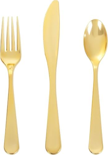 150PCS Gold Plastic Silverware Set Heavy Duty for Weddings