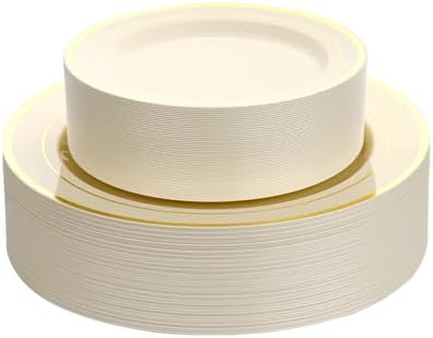 Goodluck 120 PCS Ivory and Gold Plastic Plates, Heavy Duty Disposable Ivory Plates with 60 10.25 inch Dinner Plates and 60 7.5 inch Dessert Plates for Party, Holiday, Wedding