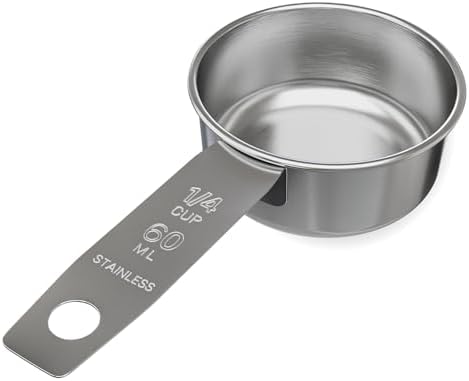 1/4 Cup Stainless Steel Measuring Cup | Sturdy Metal 60 ml | 60 cc | 2 oz | Single Cup for Wet and Dry Ingredients | Great for use as 1/4 Cup Dog Food Scoop - 1 PK