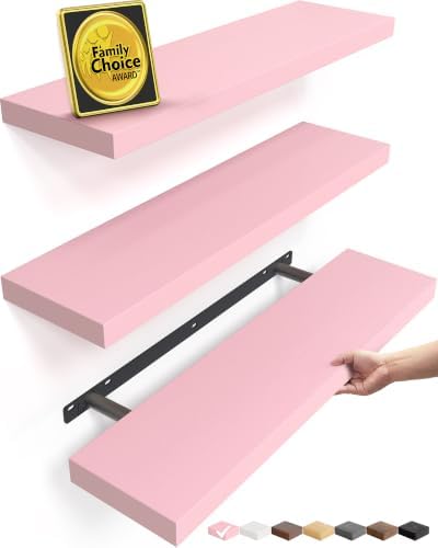 BAYKA Pink Floating Shelves 22.5in, Set of 3, Wall Mounted for Wall Decor