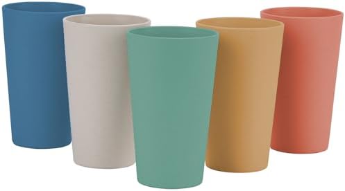 Wheat Straw Unbreakable Cup | 20 oz Reusable Water Drinking Glasses Sets of 5 | Lightweight Tumbler for Kitchen Outdoor | Dishwasher Safe, BPA Free and Eco friendly (20 oz, 5 Color_H)