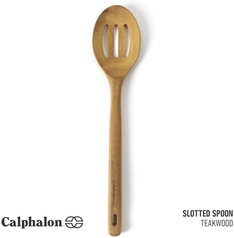 Calphalon Prime Slotted Spoon, 13-Inch Teak Wood Slotted Spoon, Kitchen Strainer Spoon for Cooking, Stirring, Draining & Nonstick Cookware, Moisture-Resistant