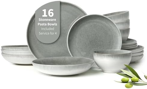 Pokini Stoneware Dinnerware Sets for 4, 16pcs Plates and Bowls Sets Dishes