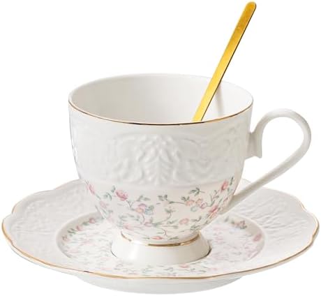 TATSUMI Interglio Embossed Bone China Tea Cup and Saucer Set, 3 Pieces Vintage Style Coffee Cup & Saucer Set For Women Wedding Gift (Starlight Pink, 1 set)
