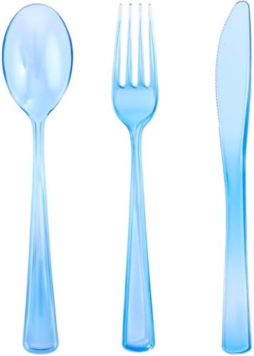 WDF 180 Pieces Blue Plastic Silverware Disposable - Clear Blue Cutlery Sets 60 Forks, 60 Knives and 60 Spoons - Heavy Duty Utensils for Party, Wedding
