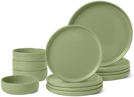 Amazon Basics Glazed Stoneware Dinnerware, 12-Piece Set, 4 Full Place Settings, Microwave and Dishwasher-Safe, Olive