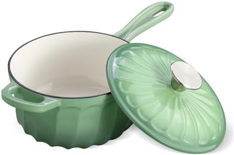 Enameled Cast Iron Sauce Pan, 2 Quart Saucepan with Lid, Small Cast Iron Pot Enamel Saucepan for Cooking Pasta Sauce, Gravy, Puddings, Marinate, Boiling (Fig Green)