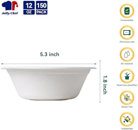 Compostable Disposable Paper Bowl 12 oz Heavy Duty Soup Containers 150 Pack
