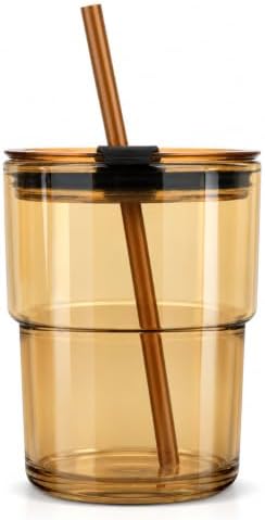 13 oz Glass Tumbler with Straw and Lid, Reusable Iced Coffee Cup, Leak-Proof Thick Wall Travel Glass for Water, Matcha, Home, Office & Car Cup Holder, BPA-Free Cute Coffee Mug (1, Amber)