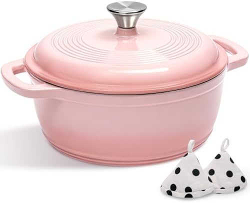 Cast Iron Dutch Oven Pot With Lid - AIVIKI 5QT Enameled Dutch Oven for Bread Baking With Cotton Potholders - Heavy- Duty Cookware Across All Cooktops, Wedding Registry Ideas & Gifts, Pink