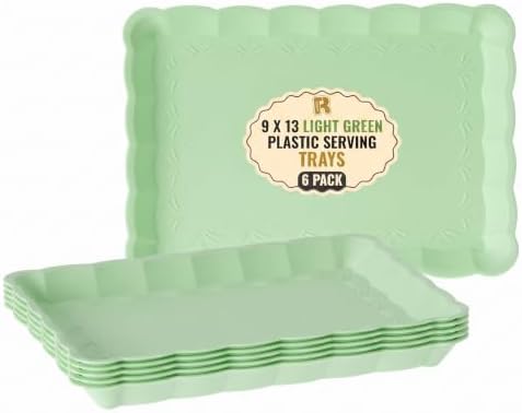 6 Pack Light Green Plastic Serving Trays for Party, 9 x 13 Inch - Heavy Duty Plastic Trays for Food - Rectangular Party Serving Trays and Platters - Green Disposable Trays