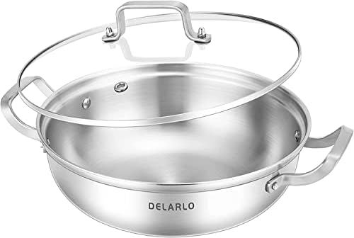 Delarlo Tri-Ply Stainless Steel Hot Pot 13 inch Everyday pan With lid,5QT