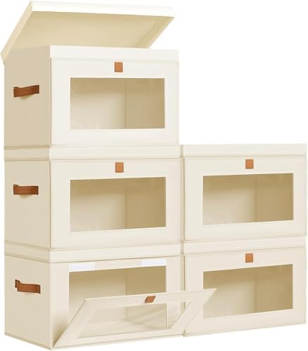 DIMJ Storage Bins with Lids - 5 Pack Large Fabric Closet Organizer with Window & Handles, Collapsible Decorative Storage Boxes for Shelves Under Bed, Books Clothes Blankets Sweaters Organization