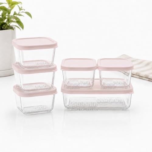 Glass Food Storage Containers with Lids - 12 Piece - 3 x 10.5 oz, 1 x 26.5 oz & 2 x 40.57 oz Glass with BPA-Free Leak Resistant Stackable Lids - Microwave, Oven & Dishwasher Safe - Berry Blush