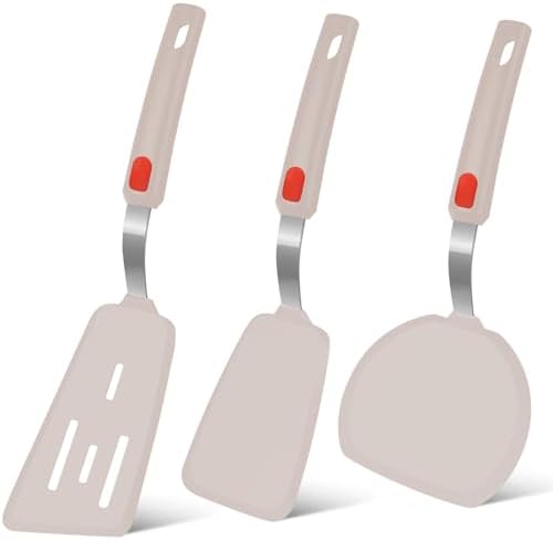 Beijiyi Silicone Spatula Turner Set of 3, 600°F Heat Resistant (Khaki)