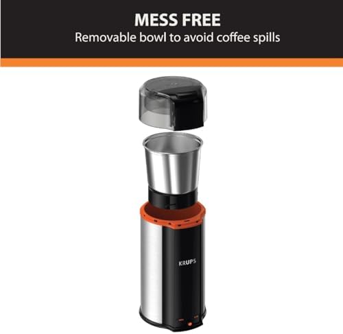 Krups, Coffee Grinder, Ultimate Silent Vortex Plastic and Stainless Steel Grinder with Removable Bowl Mess-Free, 8 Times Quieter, 2 Speeds 240 Watts, Dry Herbs, Dishwasher Safe, 12 cups ground Silver